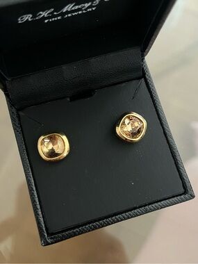 Authentic Vintage Dior Square Yellow Rhinestone Crystal 14k Gold Post Earrings